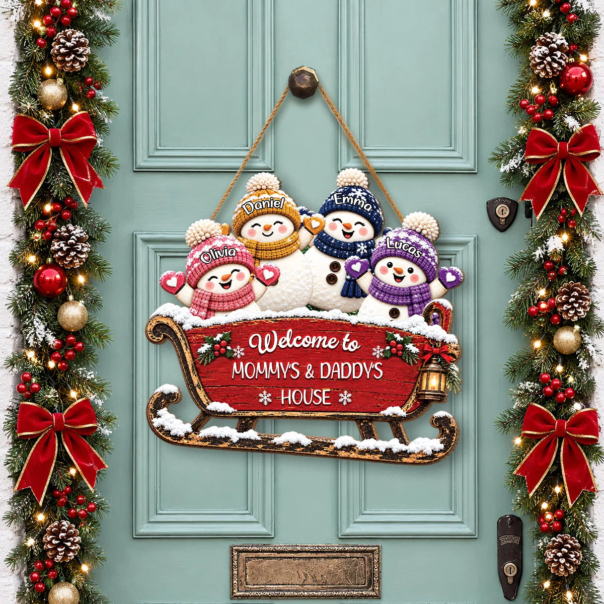 Welcome To Grandma & Grandpa's House Personalized Wood Sign - Custom Christmas Snowman Sleigh Door Hanger Gift