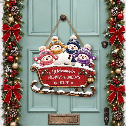 Welcome To Grandma & Grandpa's House Personalized Wood Sign - Custom Christmas Snowman Sleigh Door Hanger Gift