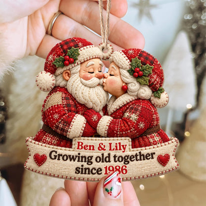 Personalized Growing Old Together Santa Couple Wood Tree Ornament