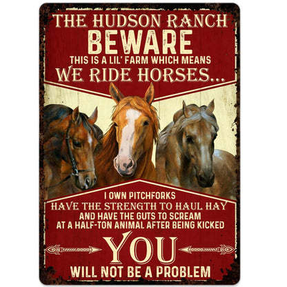 Beware We Ride Horses Custom Metal Sign - Funny Personalized Farm Wall Decor for Horse Lovers