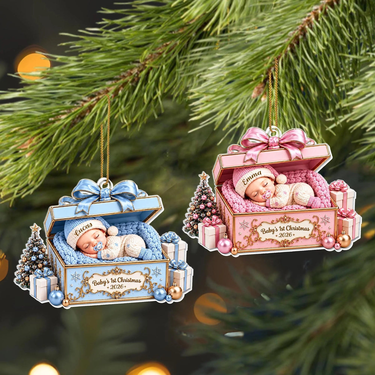 Baby's 1st Christmas Sleeping Baby in Gift Box - Personalized Acrylic Ornament for Newborn Keepsake