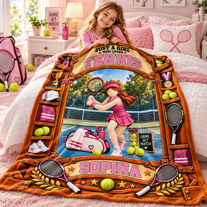 Just A Girl Who Loves Tennis Personalized Blanket - Custom Tennis Player Keepsake Gift for Daughter & Girls