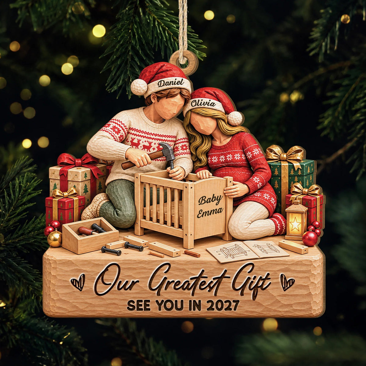 "Our Greatest Gift" Personalized Wooden Ornament for Expecting Couples - Custom Christmas Pregnancy Keepsake