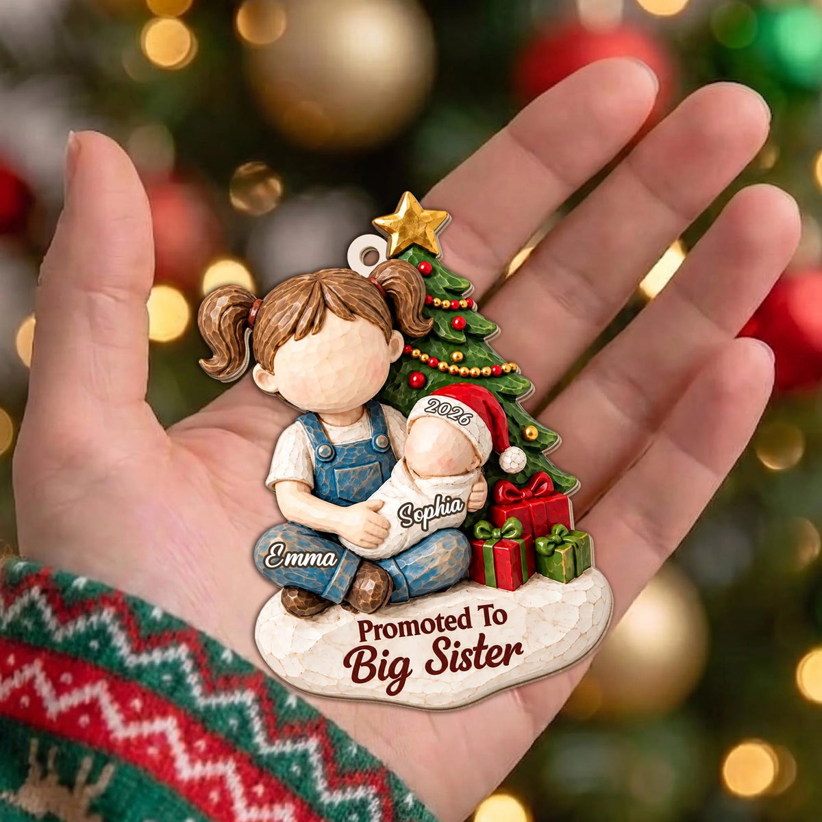 Promoted to Big Sister Custom Wood Ornament - Personalized Sibling Baby Announcement