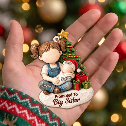 Promoted to Big Sister Custom Wood Ornament - Personalized Sibling Baby Announcement