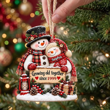 Growing Old Together Personalized Snowman Couple Wooden Ornament - Christmas Keepsake for Husband Wife