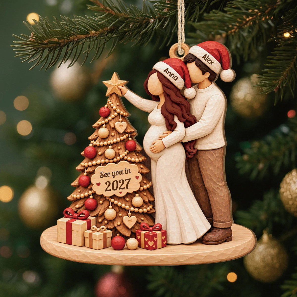 See You In 2027 Custom Baby Bump Ornament - Personalized Wooden Christmas Keepsake for Expecting Parents