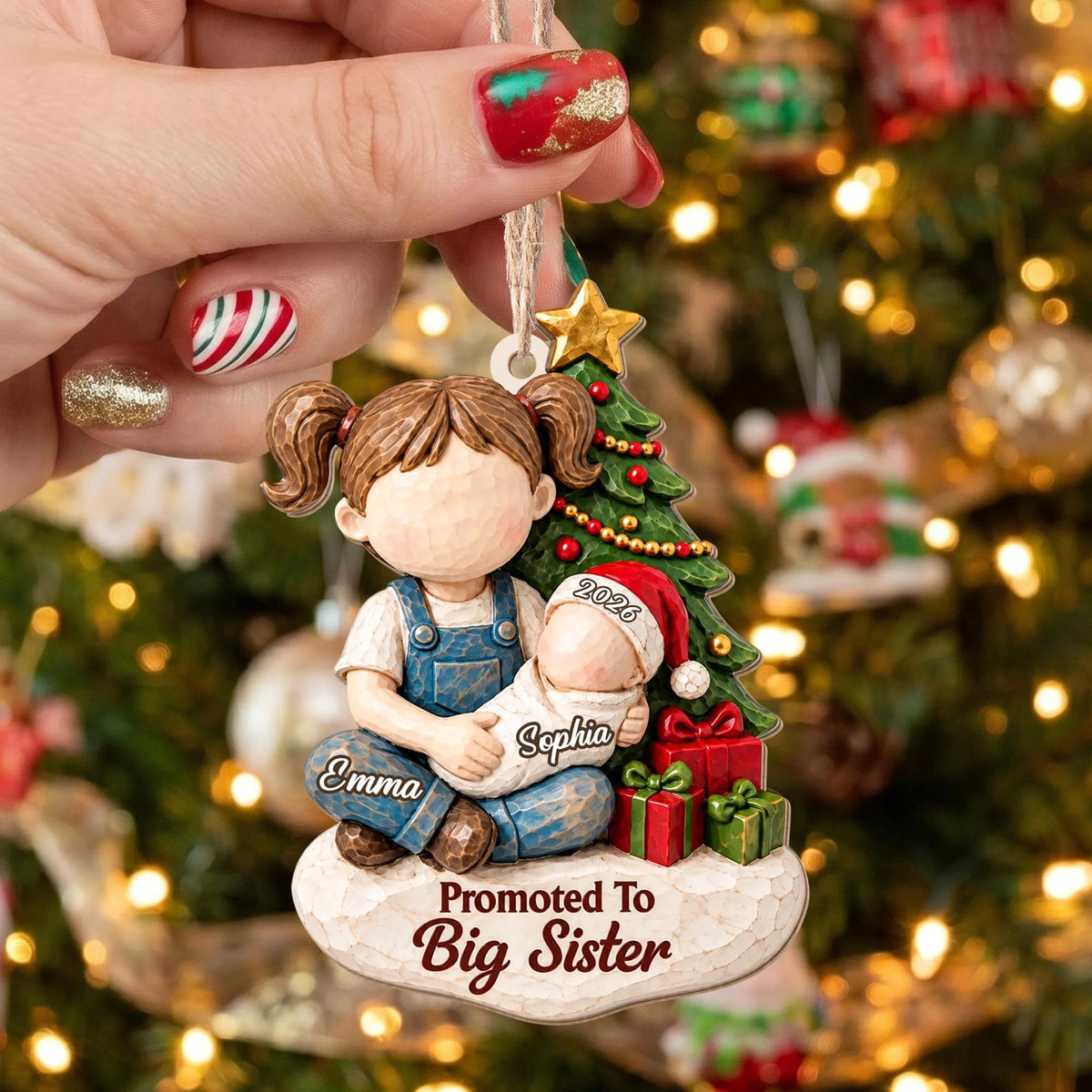 Promoted to Big Sister Custom Wood Ornament - Personalized Sibling Baby Announcement