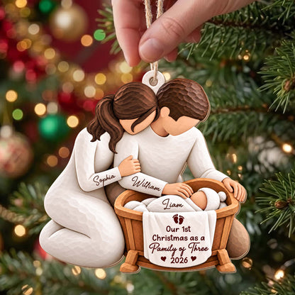 Our 1st Christmas as a Family of Three Personalized Wooden Ornament - Custom Holiday Keepsake Gift for New Parents