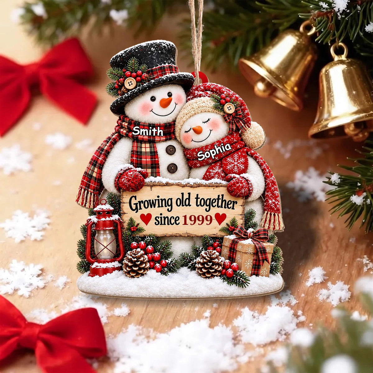 Growing Old Together Personalized Snowman Couple Wooden Ornament - Christmas Keepsake for Husband Wife