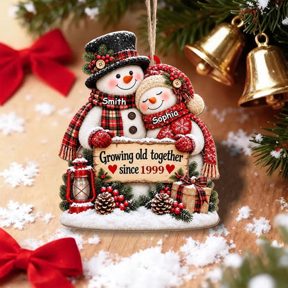 Growing Old Together Personalized Snowman Couple Wooden Ornament - Christmas Keepsake for Husband Wife
