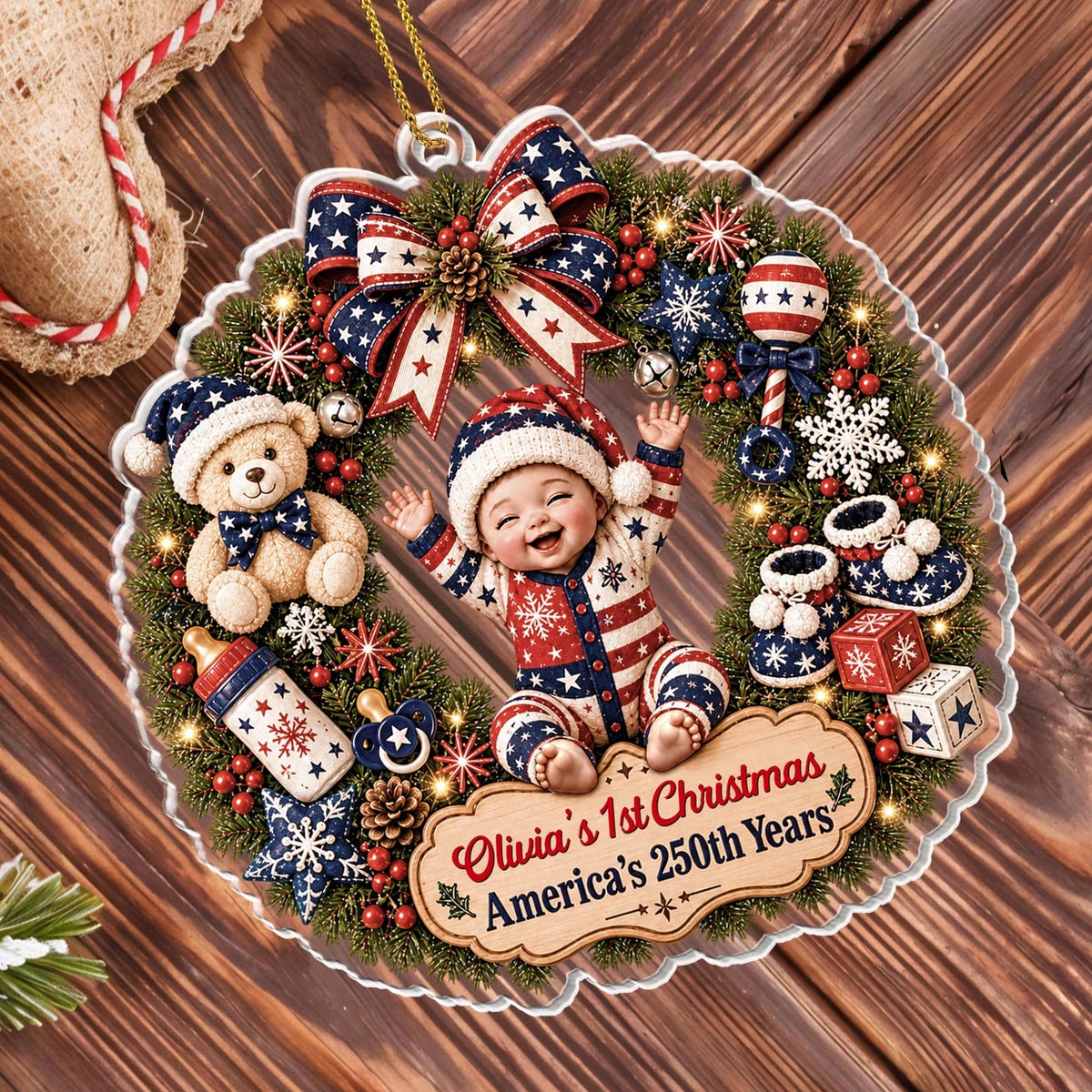 "Our 1st Christmas America's 250th Years" - Personalized Baby Wreath Acrylic Ornament Keepsake Gift