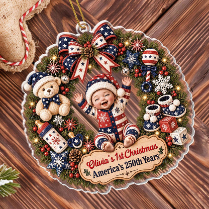 "Our 1st Christmas America's 250th Years" - Personalized Baby Wreath Acrylic Ornament Keepsake Gift
