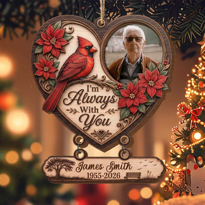 Personalized Cardinal Memorial Photo Heart Wooden Tree Ornament