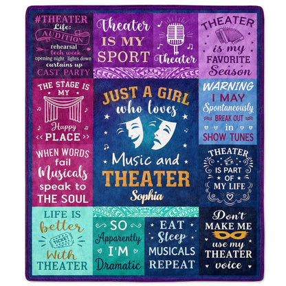 Just A Girl Who Loves Music And Theater Personalized Blanket - Drama Club Birthday Gift for Daughter