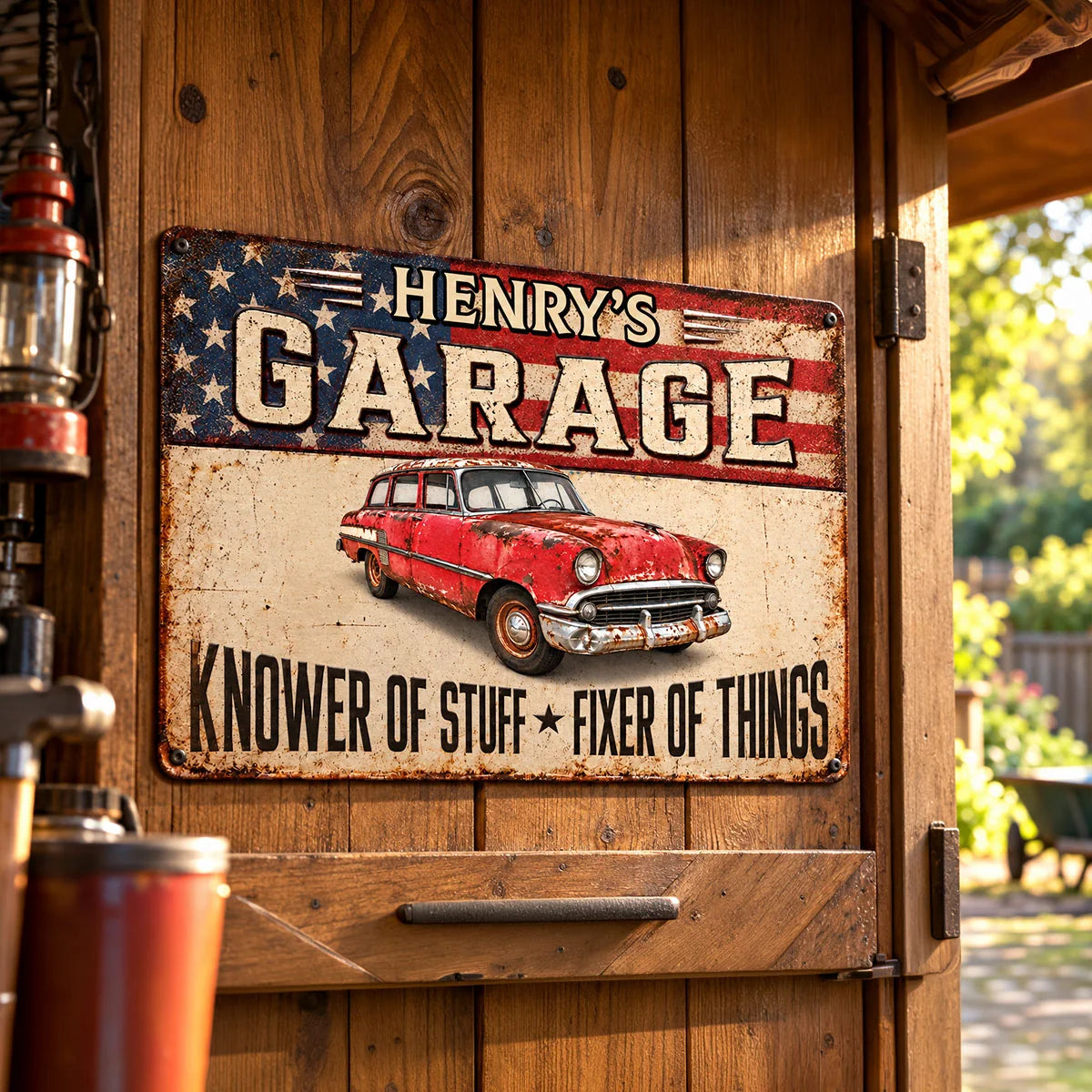"Knower of Stuff Fixer of Things" Personalized Metal Sign - Garage Decor Gift for Dad