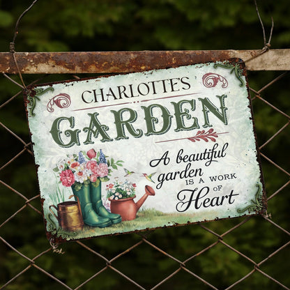 "A Beautiful Garden Is A Work Of Heart" Personalized Metal Sign - Garden Decor for Mom Grandma