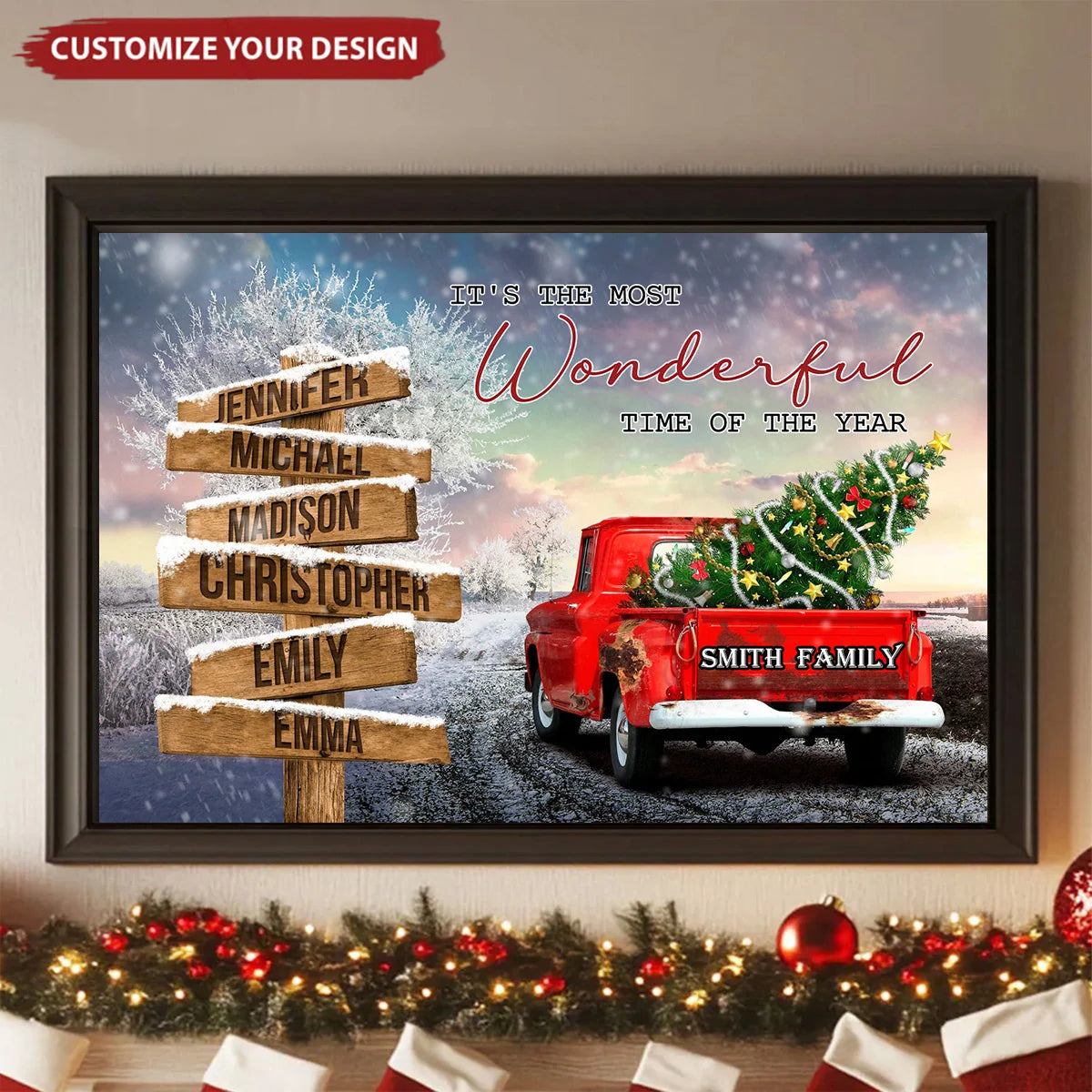 Personalized Vintage Red Truck Family Christmas Canvas Poster