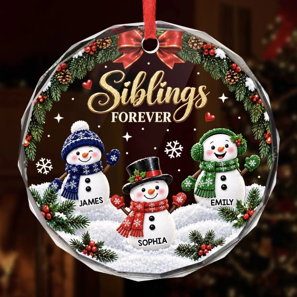 Siblings Forever Personalized Glass Ornament - Custom Snowman Christmas Gift for Brother Sister