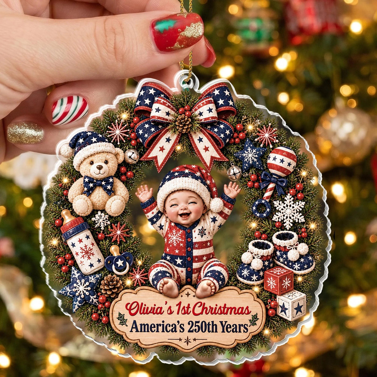 "Our 1st Christmas America's 250th Years" - Personalized Baby Wreath Acrylic Ornament Keepsake Gift