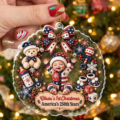 "Our 1st Christmas America's 250th Years" - Personalized Baby Wreath Acrylic Ornament Keepsake Gift