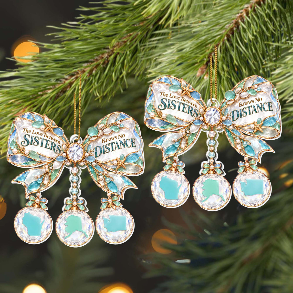 "The Love Between Sisters Knows No Distance" Personalized Acrylic Ornament - Christmas Gift for Sisters