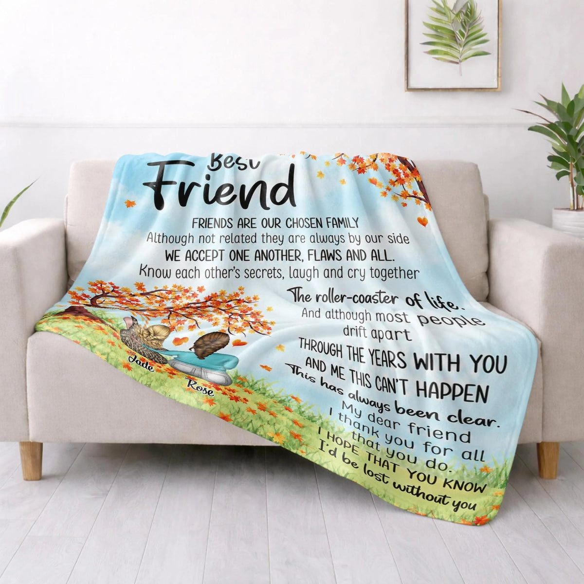 "Friends Are Our Chosen Family" Personalized Best Friend Blanket - Custom Fall Keepsake Gift for Besties