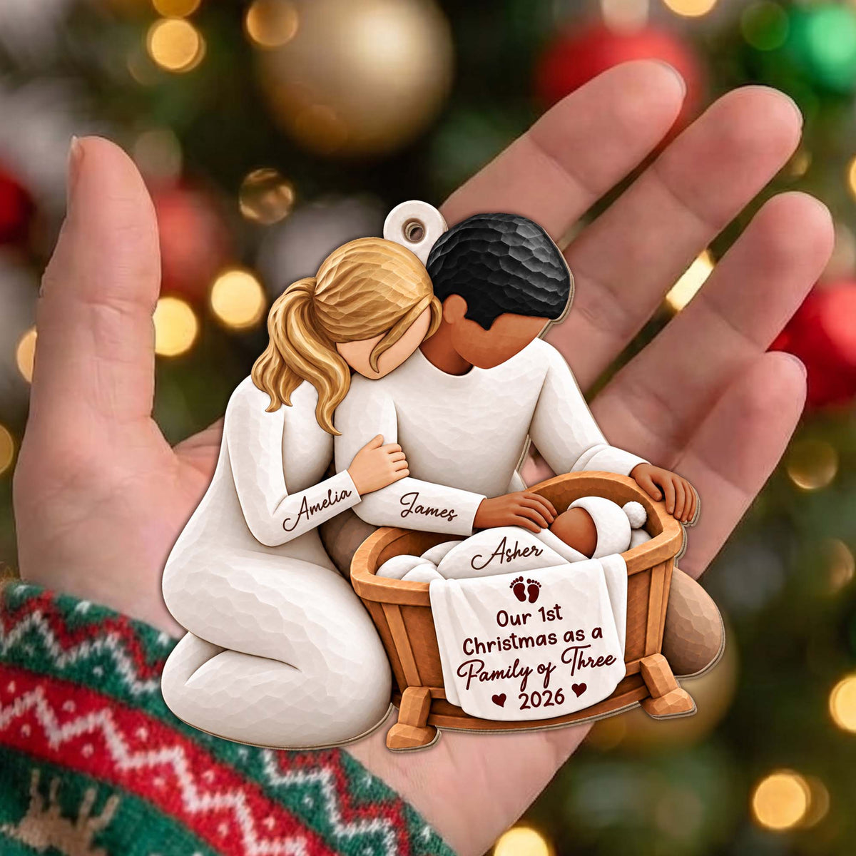 Our 1st Christmas as a Family of Three Personalized Wooden Ornament - Custom Holiday Keepsake Gift for New Parents