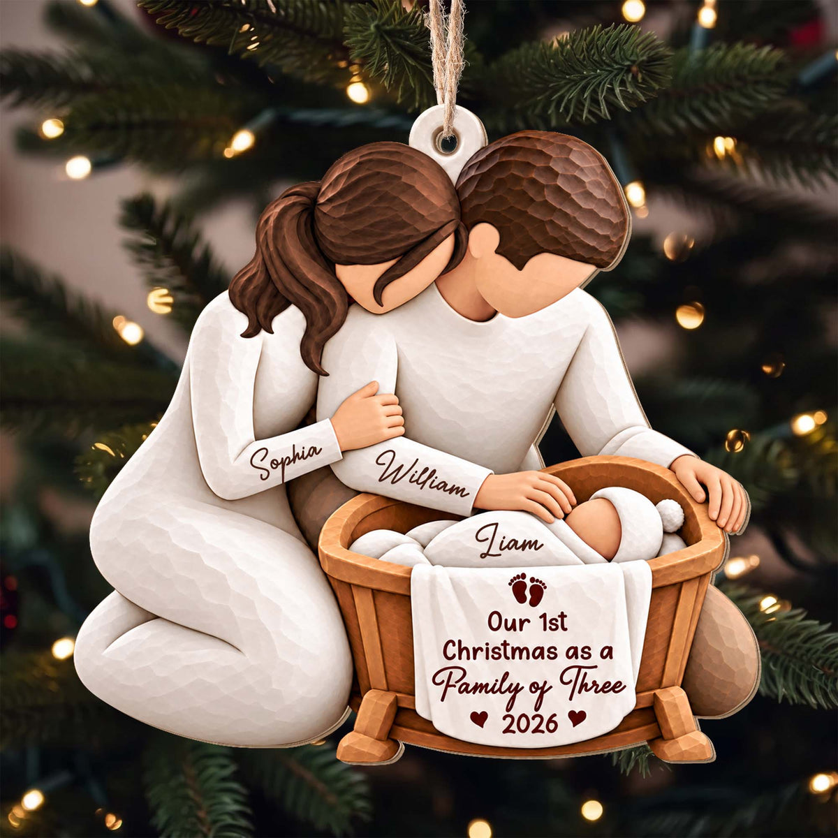 Our 1st Christmas as a Family of Three Personalized Wooden Ornament - Custom Holiday Keepsake Gift for New Parents