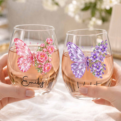 Personalized Birth Month Butterfly Custom Stemless Wine Glass