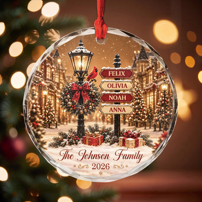 Custom Family Name Signpost Glass Ornament - Personalized Christmas Keepsake Gift