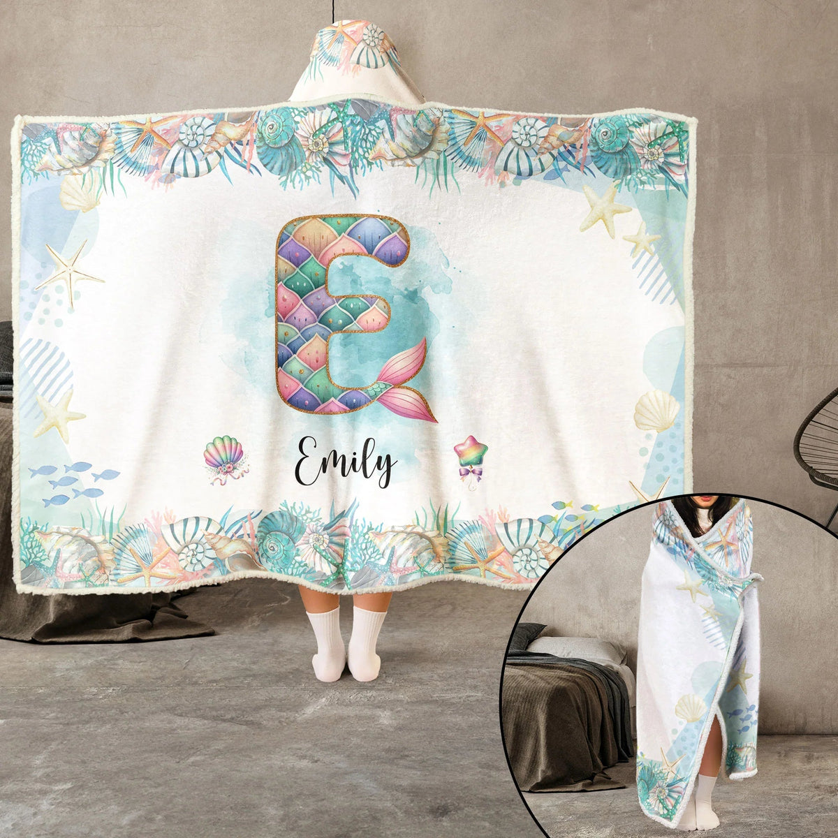 Whimsical Mermaid Alphabet Blanket - Personalized Hooded Blanket for Kids & Girls Birthday Gift