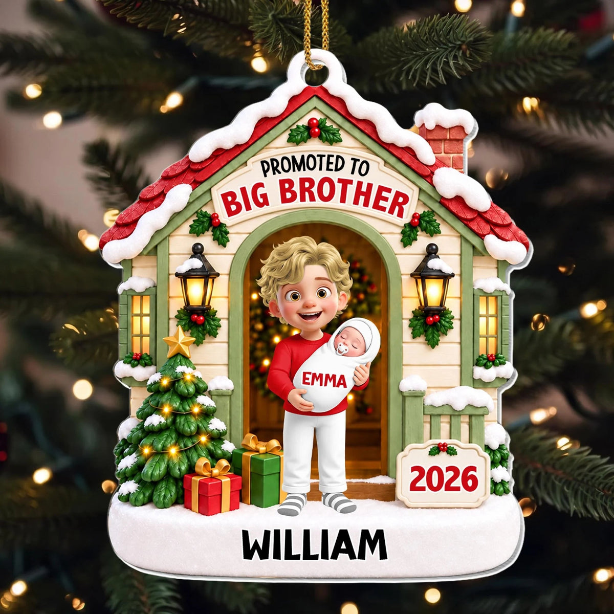 "Promoted To Big Brother" Personalized Acrylic Christmas Ornament - Custom Sibling Keepsake Gift for Kids