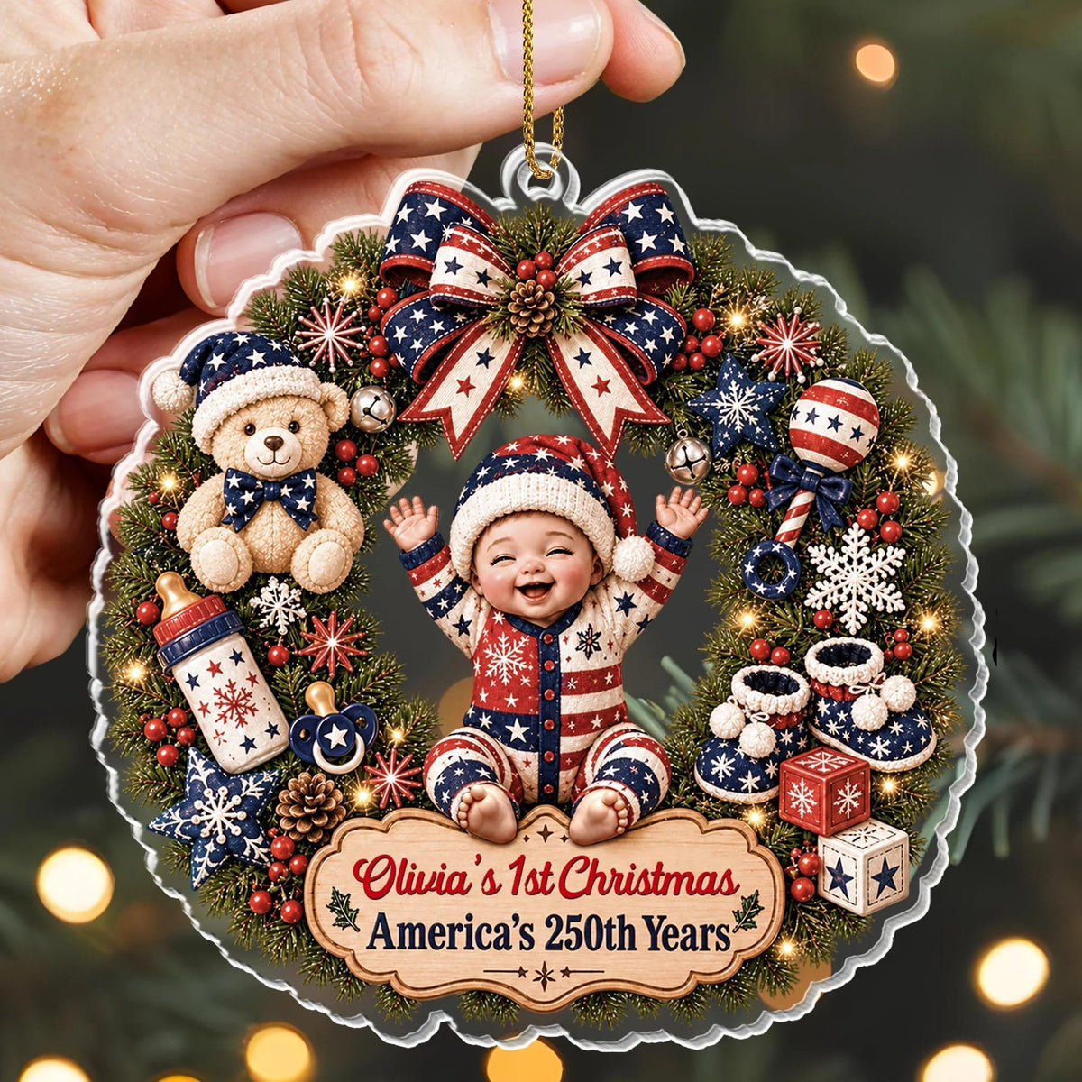 "Our 1st Christmas America's 250th Years" - Personalized Baby Wreath Acrylic Ornament Keepsake Gift