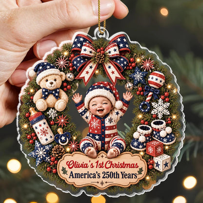 "Our 1st Christmas America's 250th Years" - Personalized Baby Wreath Acrylic Ornament Keepsake Gift