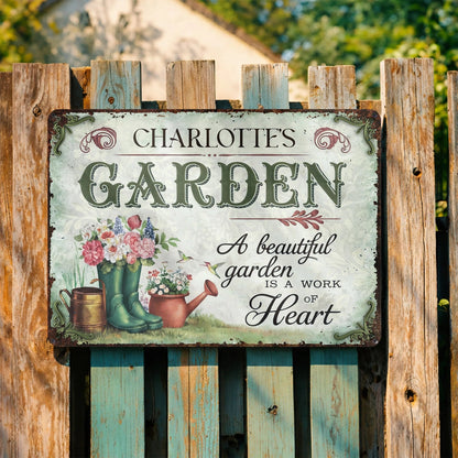 "A Beautiful Garden Is A Work Of Heart" Personalized Metal Sign - Garden Decor for Mom Grandma