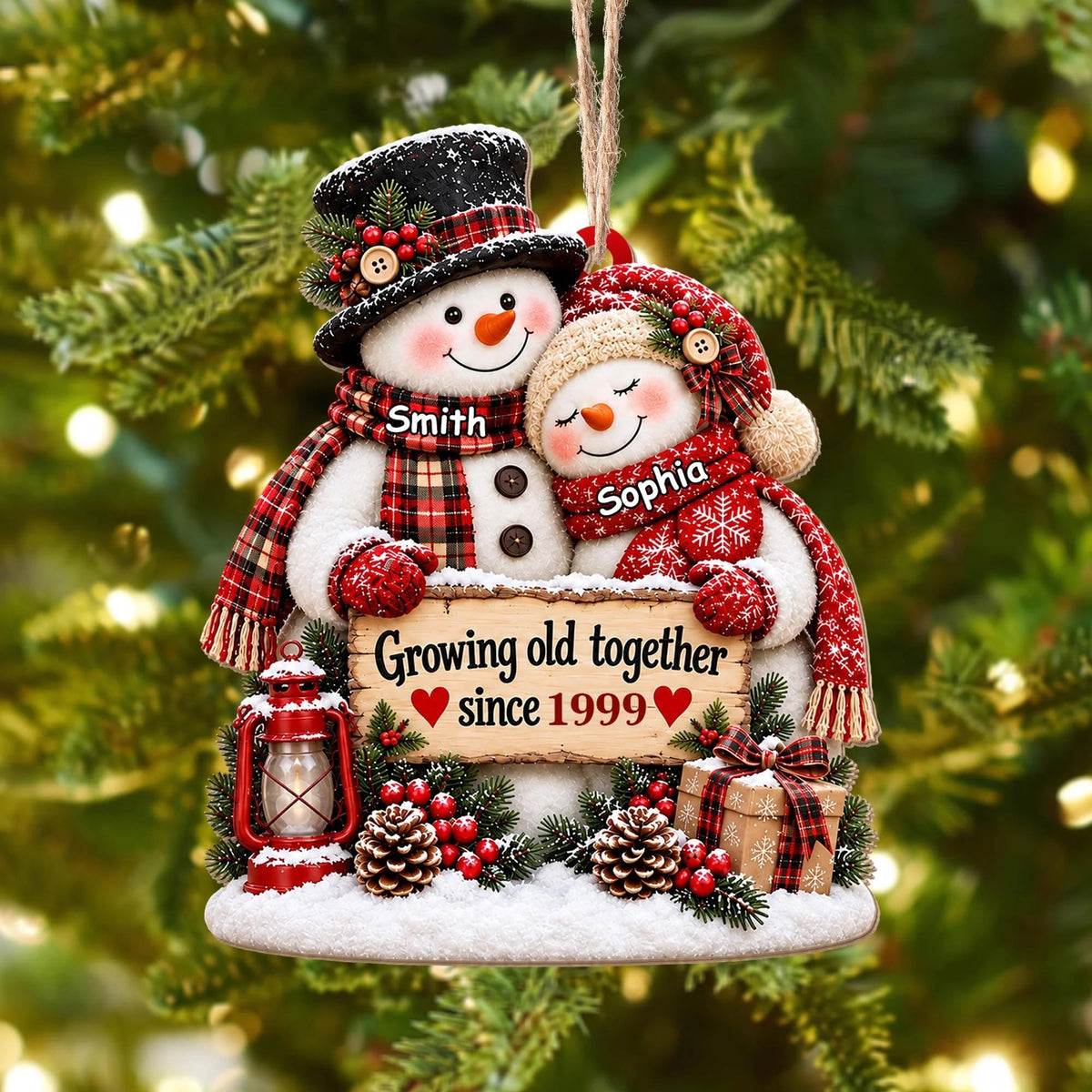 Growing Old Together Personalized Snowman Couple Wooden Ornament - Christmas Keepsake for Husband Wife