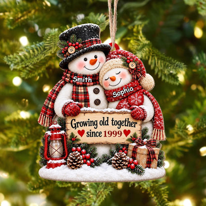 Growing Old Together Personalized Snowman Couple Wooden Ornament - Christmas Keepsake for Husband Wife