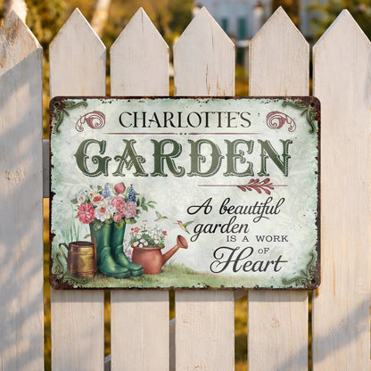 "A Beautiful Garden Is A Work Of Heart" Personalized Metal Sign - Garden Decor for Mom Grandma