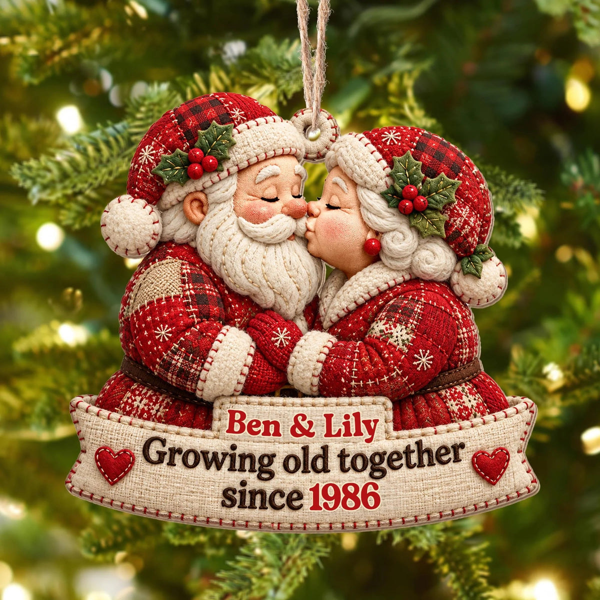 Personalized Growing Old Together Santa Couple Wood Tree Ornament