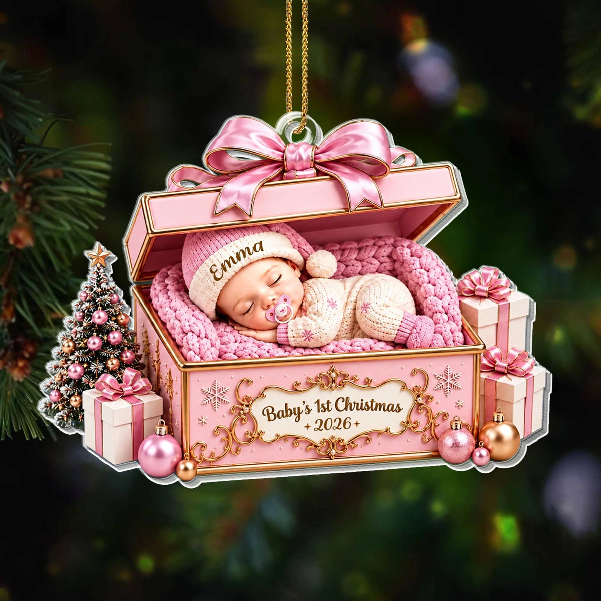Baby's 1st Christmas Sleeping Baby in Gift Box - Personalized Acrylic Ornament for Newborn Keepsake