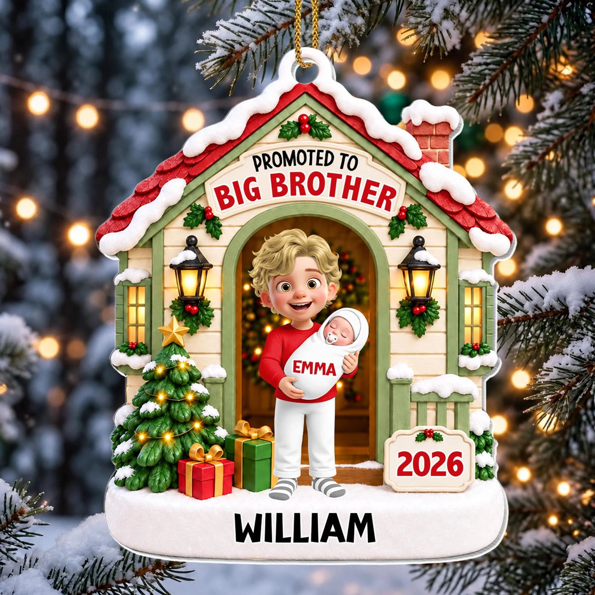 "Promoted To Big Brother" Personalized Acrylic Christmas Ornament - Custom Sibling Keepsake Gift for Kids