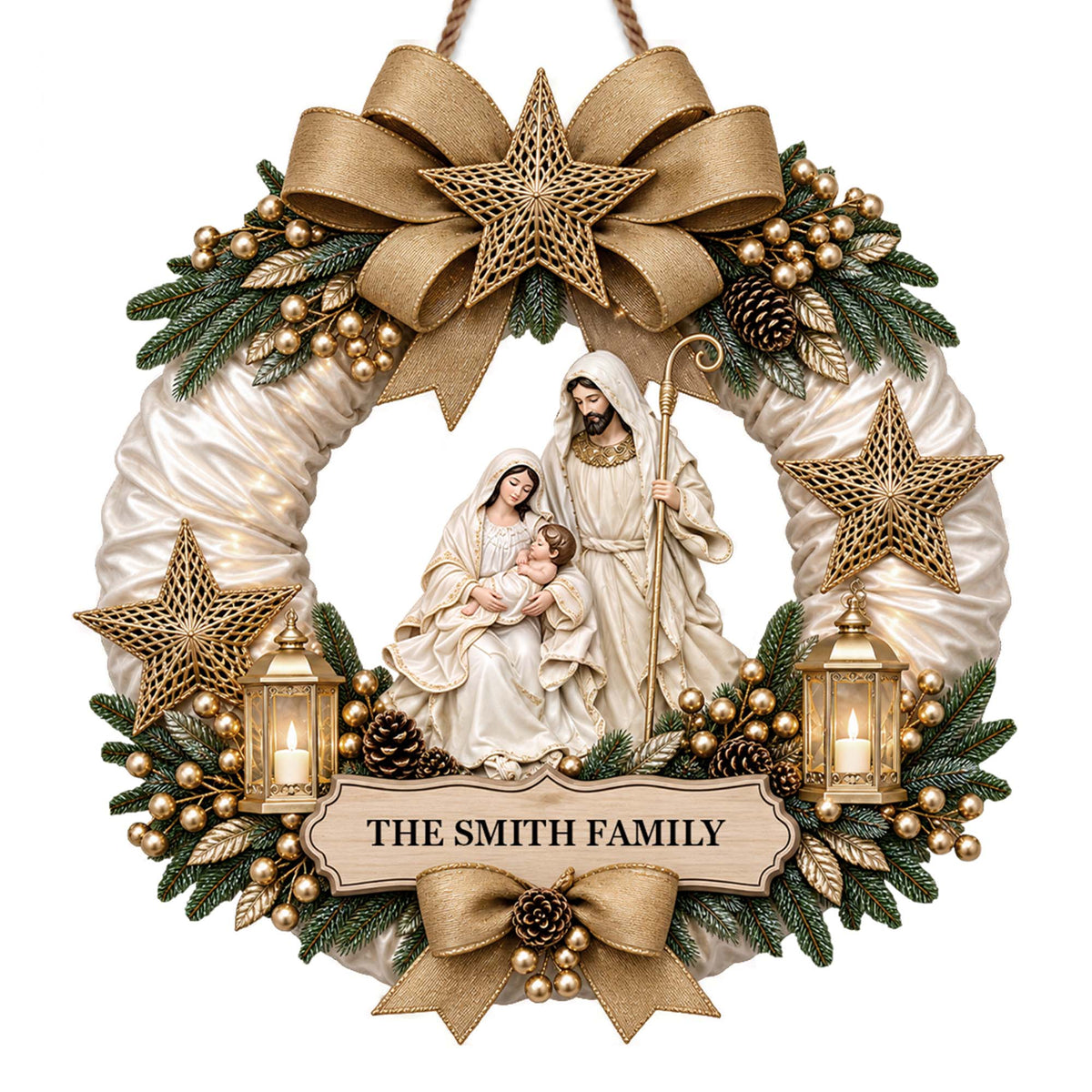 Nativity Wreath Personalized Shaped Wood Sign - Custom Christian Christmas Decor for Family