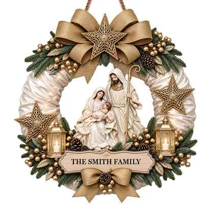 Nativity Wreath Personalized Shaped Wood Sign - Custom Christian Christmas Decor for Family