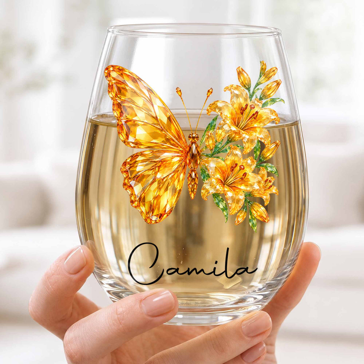 Personalized Birth Month Butterfly Custom Stemless Wine Glass