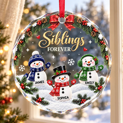Siblings Forever Personalized Glass Ornament - Custom Snowman Christmas Gift for Brother Sister