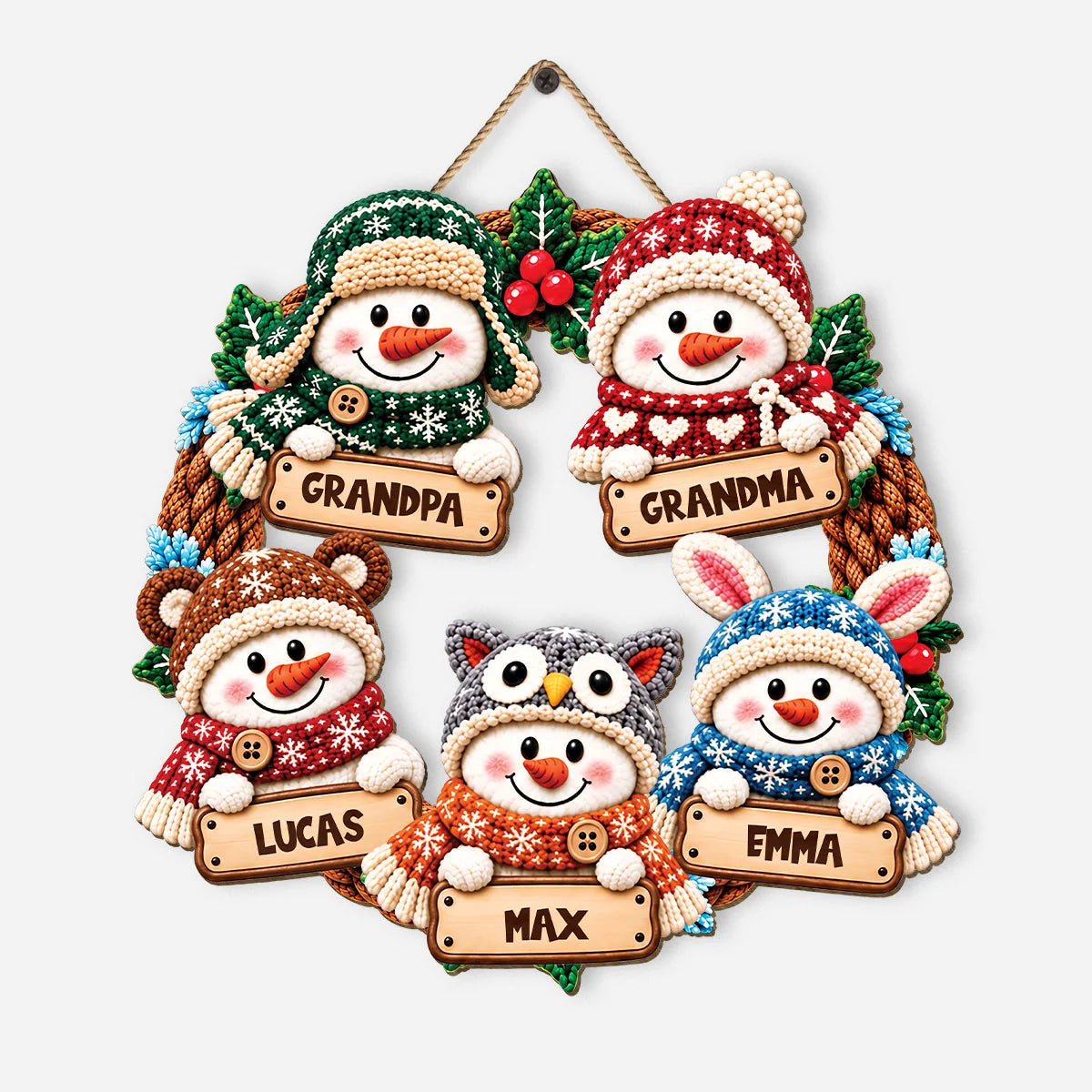 Snowman Family Personalized Wood Sign - Custom Wreath Door Hanger for Grandma Grandpa