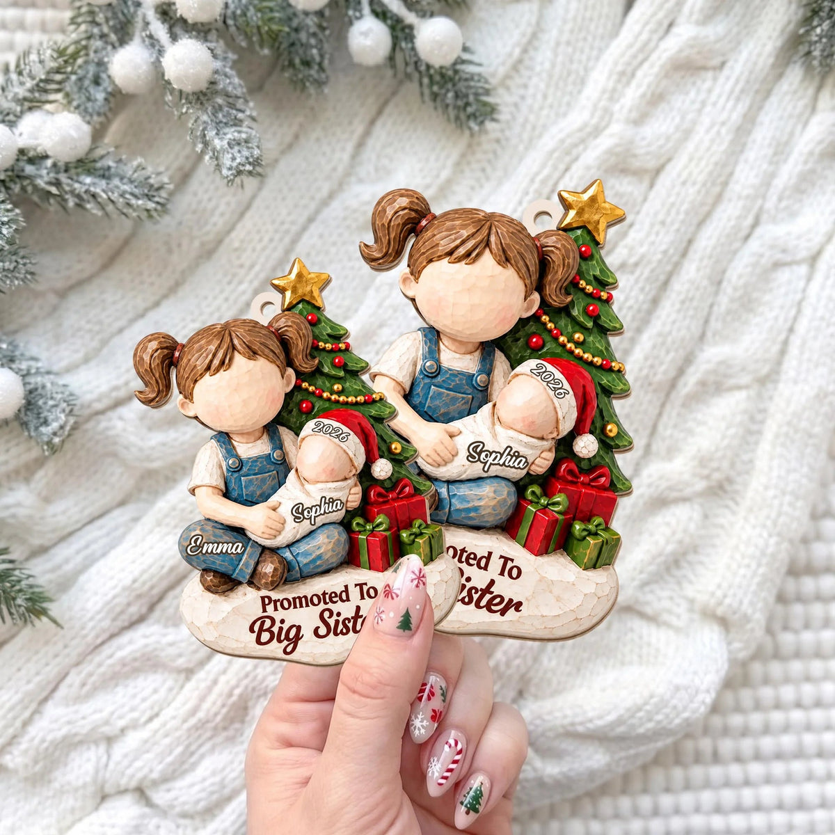 Promoted to Big Sister Custom Wood Ornament - Personalized Sibling Baby Announcement