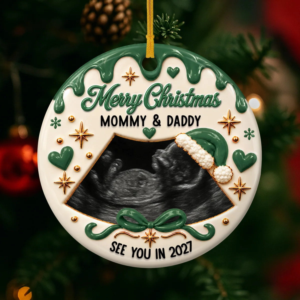 Personalized Merry Christmas Mommy & Daddy Ceramic Ornament