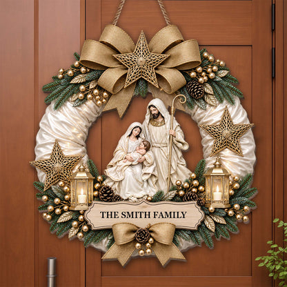 Nativity Wreath Personalized Shaped Wood Sign - Custom Christian Christmas Decor for Family
